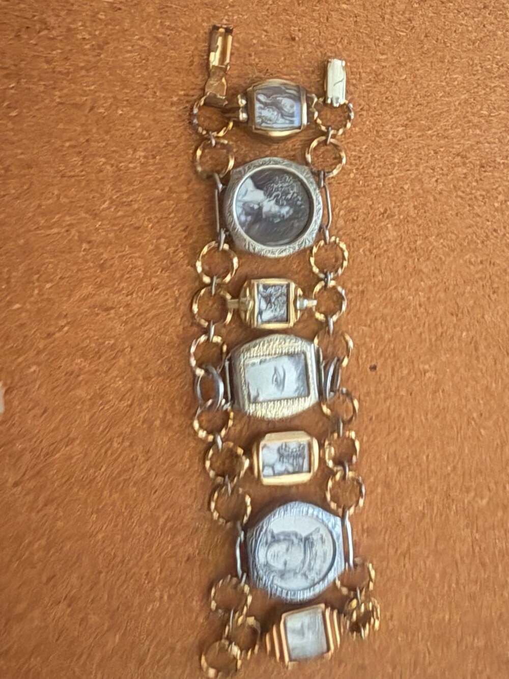 Vintage Multi-Panel Mixed Metal Watch Case Link Bracelet with Portrait Prints